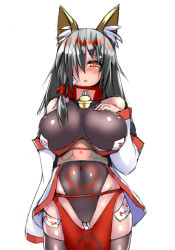 Rule 34 | animal ears, bare shoulders, bell, black hair, blush, breasts, collar, detached sleeves, fox ears, hair over one eye, hair ribbon, hand on breast, highleg, kimono reota, large breasts, multicolored hair, orange eyes, ribbon, souma (ordures), swimsuit, thick thighs, thigh gap, thighhighs, thighs, wide hips