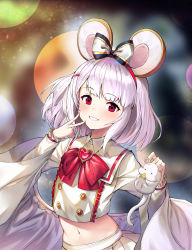Rule 34 | 1girl, animal, animal ears, blurry, bokeh, bow, bowtie, brooch, collared shirt, crop top, depth of field, detached sleeves, fake animal ears, granblue fantasy, grin, hair ornament, hairband, hairclip, heart, heart brooch, highres, jewelry, long sleeves, looking at viewer, midriff, mouse (animal), mouse ears, navel, ohihil, red eyes, shirt, short hair, skirt, smile, solo, upper body, v, vikala (granblue fantasy), white hair, white shirt, white skirt, wide sleeves