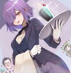 Rule 34 | 1boy, 2girls, black hair, black ribbon, braid, butler, cherry, closed mouth, female butler, food, formal, fruit, glasses, green hair, hair over one eye, holding, holding ice cream cone, holding tray, ice cream, ice cream cone, long hair, long sleeves, looking at another, looking at viewer, medium hair, milkshake, multiple girls, nicoseiga 60079034, open mouth, original, pointy ears, purple hair, ribbon, short hair, smile, sparkle, standing, suit, tray, twin braids, vest, whipped cream, yellow eyes