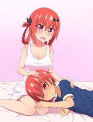 Rule 34 | 1boy, 1girl, artist name, bad id, bad pixiv id, bat hair ornament, bed sheet, blue shirt, breasts, brother and sister, cleavage, collarbone, dress, fang, gabriel dropout, gradient background, hair ornament, hair ribbon, hair rings, hand on another&#039;s head, hand on another&#039;s knee, hand on another&#039;s shoulder, highres, kurumizawa satanichia mcdowell&#039;s brother, lap pillow, nyaroon, one-eyed, orange eyes, parted lips, purple eyes, red hair, ribbon, satanichia kurumizawa mcdowell, shirt, short hair, siblings, sitting, smile, tan, wariza, white dress