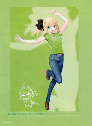 Rule 34 | 1girl, :d, ahoge, artoria pendragon (fate), bow, capcom, casual, chibi, chibi inset, denim, fate/stay night, fate/unlimited codes, fate (series), green background, green eyes, green theme, hair bow, highres, jeans, open mouth, pants, ponytail, saber (fate), saber lily, shirt, smile, solo, t-shirt, takeuchi takashi