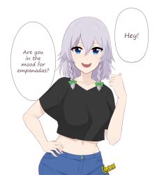 Rule 34 | 1girl, :d, absurdres, alternate costume, black shirt, blue eyes, bow, braid, collarbone, commentary, crop top, denim, english text, green bow, grey hair, hair between eyes, hair bow, hand on own hip, hand up, highres, izayoi sakuya, jeans, looking at viewer, midriff, navel, open mouth, pants, shirt, short hair, short sleeves, simple background, smile, solo, stomach, touhou, twin braids, umisaki, upper body, white background