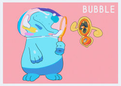 Rule 34 | absurdres, border, bubble, blowing bubbles, bubble wand, closed mouth, commentary, creatures (company), game freak, gen 2 pokemon, gen 4 pokemon, highres, holding, huge filesize, looking at viewer, nintendo, no humans, pink background, pokemon, pokemon (creature), quagsire, rotom, rotom (fan), saiku (zvlku), smile, solid circle eyes, standing, toes, white border