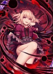 Rule 34 | 1girl, akkijin, bed, blonde hair, breasts, card (medium), clothes lift, darkness, demon girl, demon horns, dress, flower, horns, looking at viewer, official art, on bed, orb, pink dress, red eyes, red flower, red rose, rose, shinkai no valkyrie, skirt, skirt lift, small breasts, solo, tongue, tongue out