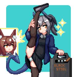 Rule 34 | 2girls, ^^^, animal ears, aqua background, arknights, ballistic shield, black skirt, black sweater, border, brown eyes, brown hair, brown thighhighs, closed mouth, dragon girl, dragon horns, dragon tail, fox ears, fox girl, franka (arknights), grey footwear, grey hair, grey horns, grey scarf, hand on own leg, horns, jacket, liskarm (arknights), long sleeves, looking at another, looking to the side, lowres, miniskirt, multiple girls, no nose, open clothes, open jacket, open mouth, outside border, panties, pixel art, ponytail, purple jacket, purple tail, scarf, shield, shoes, short hair, simple background, skirt, smile, sparkle, split, standing, standing on one leg, standing split, sweater, tail, thejunebug, thighhighs, underwear, white border, white panties