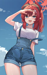 Rule 34 | 1girl, absurdres, ahoge, alternate costume, arm behind head, arm up, blue archive, blue eyes, blue shorts, blue sky, breasts, cowboy shot, denim, denim shorts, goggles, goggles on head, halo, highres, large breasts, long hair, looking at viewer, megu (blue archive), open mouth, pointy ears, ponytail, red eyes, red hair, shading eyes, shirt, short shorts, short sleeves, shorts, sky, smile, solo, suspender shorts, suspenders, suspenders slip, thighs, white shirt, ziro (zirorong)