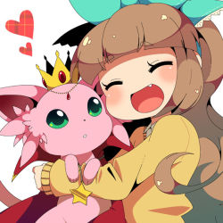 Rule 34 | 1girl, album cover, animal, blunt bangs, blush, bow, brown hair, cape, closed eyes, collared shirt, cover, crown, curly hair, fang, hair bow, heart, hug, indie utaite, mzh, nanahira, original, real life, shirt, smile, solo, star (symbol), sweater, voice actor