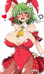 Rule 34 | 1girl, ?, animal costume, animal ears, arm belt, ascot, blush, breasts, brown pantyhose, checkered clothes, checkered skirt, earrings, fang, flower, green hair, hair flower, hair ornament, heart, highres, huge breasts, jewelry, kazami yuuka, large breasts, leotard, open mouth, pantyhose, playboy bunny, rabbit ears, red eyes, red leotard, rindou (p41neko), skirt, solo, spoken question mark, touhou