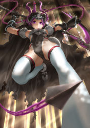 Rule 34 | 1girl, absurdres, arm up, armor, armpits, black cape, black gloves, black leotard, boots, braid, breastplate, cameltoe, cape, chain, collar, commentary request, covered navel, expressionless, falling, fate/grand order, fate (series), foreshortening, forest, gloves, gluteal fold, headband, highleg, highleg leotard, highres, hiyoko noir, hood, leg up, legs, leotard, long braid, long hair, medusa (fate), medusa (lancer) (fate), medusa (rider) (fate), nature, outdoors, outstretched arms, ponytail, purple eyes, purple hair, rider, scythe, single braid, solo, thigh strap, thighhighs, thighs, tree, very long hair, weapon, white thighhighs, wind, wind lift