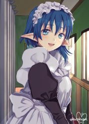 Rule 34 | 1girl, apron, blue eyes, blue hair, breasts, highres, looking at viewer, maid, maid headdress, medium hair, murata tefu, open mouth, pointy ears, rena lanford, smile, solo, star ocean, star ocean the second story