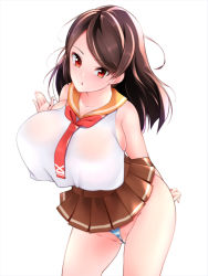 Rule 34 | 1girl, bare shoulders, blue panties, breasts, brown eyes, brown hair, copyright request, highres, huge breasts, long hair, looking at viewer, necktie, panties, parted lips, school uniform, shumichi, simple background, solo, striped clothes, striped panties, thighs, underwear, uniform, white background