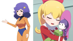 Rule 34 | 2girls, black eyes, blonde hair, blush, bodysuit, bow, breasts, character request, chargeman ken!, closed eyes, commentary request, cowboy shot, doll, fuka (kantoku), hair bow, hair ornament, highres, izumi caron, long hair, long sleeves, looking at viewer, medium bangs, medium breasts, medium hair, messy hair, multiple girls, open mouth, orange bodysuit, ponytail, red bow, red shirt, shirt, smile, star (symbol), star hair ornament, upper body