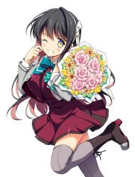Rule 34 | 1girl, black hair, boots, bouquet, breasts, commentary request, cross-laced footwear, flower, green neckwear, grey thighhighs, kantai collection, lace-up boots, large breasts, long hair, multicolored hair, naganami (kancolle), naganami kai ni (kancolle), odawara hakone, pink hair, shirt, simple background, solo, standing, standing on one leg, thighhighs, two-tone hair, wavy hair, white background, white shirt