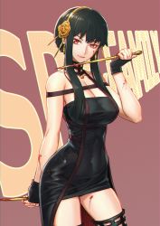 Rule 34 | 1girl, black dress, black hair, blood, blood on face, blood on leg, bloody weapon, breasts, brown background, cleavage, collarbone, copyright name, dagger, detached collar, dress, dual wielding, flower, gold hairband, hair flower, hair ornament, hairband, highres, holding, holding knife, knife, ninnin (shishitou), short hair with long locks, sidelocks, solo, spy x family, stiletto (weapon), weapon, yor briar