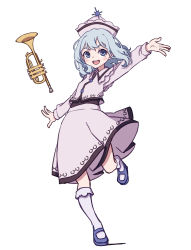 Rule 34 | 1girl, arm up, blue eyes, blue hair, collared dress, dress, hat, highres, instrument, kame (kamepan44231), kneehighs, long sleeves, mary janes, merlin prismriver, one-hour drawing challenge, pink dress, pink hat, shoes, simple background, socks, solo, touhou, trumpet, white background