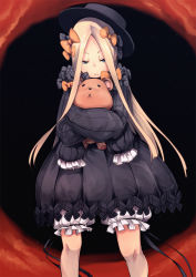 Rule 34 | 1girl, abigail williams (fate), bad id, bad pixiv id, black bow, black dress, black hat, blonde hair, bloomers, blue eyes, bow, bowler hat, bug, butterfly, closed mouth, commentary request, crossed arms, dress, fate/grand order, fate (series), fu-ta, hair bow, half-closed eyes, hands in opposite sleeves, hat, hugging object, insect, long hair, long sleeves, looking at viewer, orange bow, parted bangs, polka dot, polka dot bow, solo, stuffed animal, stuffed toy, teddy bear, underwear, very long hair, white bloomers