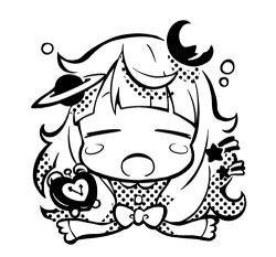 Rule 34 | 1girl, alarm clock, blunt bangs, blush stickers, bow, chibi, clock, closed eyes, commentary request, crescent, crescent hair ornament, cropped torso, facing viewer, greyscale, hair ornament, halftone, indie utaite, long hair, lowres, maako (yuuyake.), messy hair, monochrome, nanahira, open mouth, planet hair ornament, shooting star (symbol), simple background, sleepy, solo, squeans, straight-on, upper body