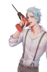 Rule 34 | 1boy, belt, blue hair, drill, fukuda tamotsu, highres, hole in head, id :invaded, licking, male focus, pants, power drill, power tool, salmon (657931354), scar, shirt, standing, suspenders, white background, white shirt, yellow eyes