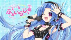 Rule 34 | 5pb (neptunia), aqua background, armpits, blue hair, breasts, character name, cleavage, fingernails, from side, headphones, highres, long fingernails, long hair, mole, mole under eye, music, nail polish, neptune (series), official art, official wallpaper, one eye closed, open mouth, purple eyes, singing, smile, solo, sparkle, tsunako, very long hair