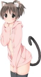 Rule 34 | 1girl, absurdres, animal ears, black thighhighs, breasts, brown eyes, brown hair, cat ears, cat tail, fake animal ears, highres, hirasawa ui, hood, hoodie, jacket, k-on!, kani biimu, kemonomimi mode, naked hoodie, open clothes, open jacket, ponytail, scan, short hair, simple background, small breasts, solo, tail, thighhighs, zettai ryouiki