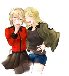 Rule 34 | 10s, 2girls, ^ ^, blonde hair, blue eyes, blush, bomber jacket, closed eyes, cropped legs, darjeeling (girls und panzer), closed eyes, girls und panzer, hand on another&#039;s hip, hand on own hip, hand to own mouth, highres, jacket, kay (girls und panzer), laughing, multiple girls, pantyhose, sketch, sso 321, thighhighs, uniform, white legwear