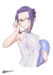 Rule 34 | 10s, 1girl, absurdres, adjusting eyewear, bare shoulders, black-framed eyewear, breasts, commentary, darling in the franxx, dated, glasses, gorgeous mushroom, green eyes, highres, holding, holding swim ring, ikuno (darling in the franxx), innertube, looking at viewer, medium breasts, one-piece swimsuit, over-rim eyewear, parted lips, purple hair, revision, semi-rimless eyewear, sidelocks, signature, simple background, solo, swim ring, swimsuit, upper body, white background, white one-piece swimsuit