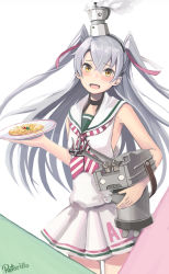 Rule 34 | 1girl, :d, amatsukaze (kancolle), anchor, bad id, bad pixiv id, blush, coffee, coffee maker, cosplay, dress, fang, food, hair ornament, hat, headband, highres, kantai collection, kettle, libeccio (kancolle), libeccio (kancolle) (cosplay), long hair, looking at viewer, open mouth, pasta, rensouhou-kun, retorillo, silver hair, simple background, skirt, smile, solo, spaghetti, twintails, two side up, yellow eyes