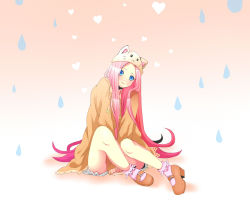 Rule 34 | 1girl, :3, aira (radturee), animal ears, animal hat, bad id, bad pixiv id, cat hat, dress, female focus, full body, gradient background, hat, highres, long hair, megurine luka, megurine luka (toeto), pink hair, shoes, sitting, solo, toeto (vocaloid), vocaloid