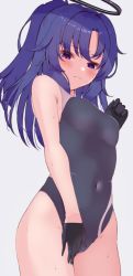Rule 34 | 1girl, alternate hairstyle, black gloves, black one-piece swimsuit, blue archive, blush, competition swimsuit, cowboy shot, frown, gloves, grey one-piece swimsuit, halo, hand up, highres, looking at viewer, medium hair, navel, one-piece swimsuit, ponytail, purple eyes, purple hair, shiratama (amenomurakumo0610), simple background, solo, swimsuit, wet, white background, yuuka (blue archive)