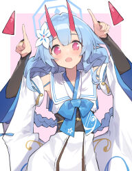 Rule 34 | 1girl, blue archive, blue bow, blue hair, blue halo, blush, bow, chise (blue archive), detached sleeves, flower, hair flower, hair ornament, halo, highres, horns, japanese clothes, long braid, long hair, miya kazutomo, oni horns, open mouth, red eyes, red horns, solo, upper body, very long hair, white flower, white sleeves