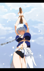Rule 34 | 1girl, artist name, breasts, chain, cleavage, cloud, closed eyes, fairy tail, female focus, gaston18, highres, large breasts, panties, restrained, rope, short hair, sky, solo, tattoo, underwear, yukino aguria