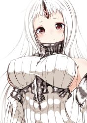 Rule 34 | 10s, 1girl, abyssal ship, armpits, bad id, bad pixiv id, bare shoulders, blush, breasts, collar, detached sleeves, dress, highres, horns, kantai collection, large breasts, long hair, long sleeves, looking at viewer, pale skin, red eyes, ribbed dress, seaport princess, simple background, single horn, smile, solo, tatusinomu, underbust, upper body, white background, white dress, white hair