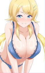 absurdres blonde_hair blue_bra blue_eyes blue_panties blush bra breasts cleavage collarbone commentary_request grin hachimiya_meguru hair_ornament hairclip highres huge_breasts idolmaster idolmaster_shiny_colors leaning_forward long_hair looking_at_viewer panties sidelocks simple_background smile teeth twintails underwear underwear_only white_background zhi_(papercraft8559)