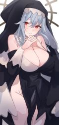 Rule 34 | 1girl, arknights, black dress, blush, breasts, chunta, cleavage, cowboy shot, dress, grey hair, groin, habit, halo, highres, large breasts, long hair, long sleeves, looking at viewer, no panties, nun, off-shoulder dress, off shoulder, own hands clasped, own hands together, parted lips, pelvic curtain, red eyes, simple background, smile, solo, specter (arknights), veil, white background