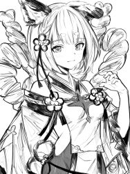 Rule 34 | 1girl, animal ears, bare shoulders, bodysuit, braid, closed mouth, detached sleeves, dog ears, granblue fantasy, greyscale, hand up, highres, looking at viewer, monochrome, monogrbl, rope, shimenawa, short eyebrows, short hair, smile, solo, thick eyebrows, upper body, vajra (granblue fantasy)