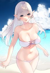 Rule 34 | 1girl, bare shoulders, beach, bikini, blue eyes, blue sky, blush, breasts, cleavage, collarbone, earrings, elf, highres, jewelry, large breasts, long hair, looking at viewer, navel, original, pointy ears, shore, silver hair, sino42, sky, smile, solo, swimsuit, thighs, tongue, tongue out