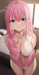 Rule 34 | 1girl, absurdres, aqua eyes, bed, bikini, bikini under clothes, blush, bocchi the rock!, breasts, cleavage, closed mouth, collarbone, cube hair ornament, furrowed brow, gotoh hitori, hair between eyes, hair ornament, highres, indoors, jacket, jacket partially removed, jacket tug, large breasts, long hair, looking at viewer, navel, no pants, off shoulder, one side up, open clothes, open jacket, pink hair, pink jacket, solo, stomach, sweat, swimsuit, thighs, track jacket, white bikini, window, yamamoto (ymmt is sexy)