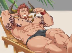 Rule 34 | 1boy, abs, agielba, animal ears, arm tattoo, armpits, bara, bare pectorals, black-framed eyewear, black male swimwear, bulge, cow boy, cow ears, cow horns, crossed legs, draph, unworn eyewear, facial hair, feet out of frame, goatee, granblue fantasy, holding, holding removed eyewear, horns, large pectorals, long sideburns, looking at viewer, lying, male focus, male swimwear, mature male, muscular, muscular male, navel, nipples, on back, on chair, one eye closed, paid reward available, pectorals, red hair, short hair, sideburns, smile, solo, stomach, sunglasses, swim briefs, tattoo, tetsu (kurotetsu1379), thick thighs, thighs, unfinished