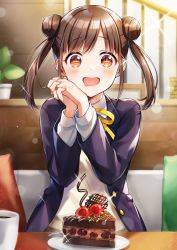 Rule 34 | + +, 1girl, blazer, blush, brown hair, cafe, cake, cake slice, chocolate cake, coffee mug, commentary request, cup, double bun, drooling, food, hair bun, highres, idolmaster, idolmaster shiny colors, indoors, interlocked fingers, jacket, lens flare, looking at food, mouth drool, mug, neck ribbon, own hands together, ribbon, school uniform, shinishi chiho, solo, sonoda chiyoko, sparkle, twintails, upper body, vest, yellow ribbon