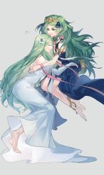 Rule 34 | 2girls, bare shoulders, barefoot, braid, dress, closed eyes, fire emblem, fire emblem: three houses, flower, from side, green eyes, green hair, hair flower, hair ornament, highres, hug, jnsghsi, long hair, long sleeves, mother and daughter, multiple girls, nintendo, off-shoulder dress, off shoulder, parted lips, pointy ears, rhea (fire emblem), ribbon braid, simple background, sothis (fire emblem), twin braids, very long hair, white dress