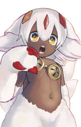 Rule 34 | 1girl, absurdres, animal ears, body fur, evermind, faputa, hair between eyes, highres, looking at viewer, made in abyss, multiple tails, non-web source, open mouth, orange eyes, self-upload, simple background, solo, tail, upper body, white background, white fur, yellow eyes