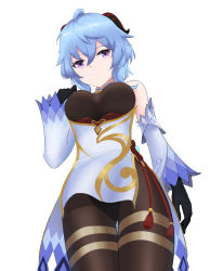 Rule 34 | 1girl, absurdres, bare shoulders, bell, black bodysuit, black gloves, black pantyhose, blue hair, bodice, bodysuit, breasts, closed mouth, cowbell, czk, detached sleeves, ganyu (genshin impact), genshin impact, gloves, goat horns, hair between eyes, highres, horns, long hair, looking at viewer, low angle, medium breasts, neck bell, pantyhose, pov, purple eyes, simple background, solo, thighs, vision (genshin impact), white background