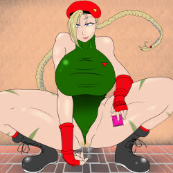 Rule 34 | artist request, beret, blonde hair, blue eyes, boots, braid, breasts, cammy white, condom, fingerless gloves, gloves, hat, highres, huge breasts, leotard, long hair, partially visible vulva, pubic hair, pussy juice, scar, smile, squatting, street fighter, tattoo, twin braids, wedgie