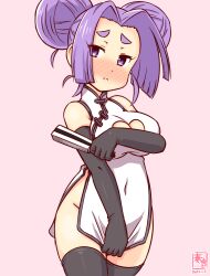 Rule 34 | 1girl, alternate costume, artist logo, black thighhighs, blush, breasts, china dress, chinese clothes, chinese new year, cleavage, cleavage cutout, clothing cutout, cowboy shot, dated, double bun, dress, gradient background, hair bun, hand fan, hatsuharu (kancolle), holding, holding fan, kanon (kurogane knights), kantai collection, large breasts, long hair, looking at viewer, one-hour drawing challenge, pelvic curtain, pink background, purple eyes, purple hair, short eyebrows, sleeveless, sleeveless dress, solo, thighhighs