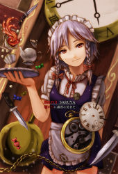 Rule 34 | 1girl, bad id, bad pixiv id, braid, candy, cup, face, female focus, floating, floating object, food, head tilt, izayoi sakuya, knife, kurione (pixiv), kurione (zassou), pocket watch, red eyes, short hair, silver hair, smile, smug, solo, spill, sugar cube, tea, teacup, teapot, throwing knife, touhou, tray, twin braids, watch, weapon