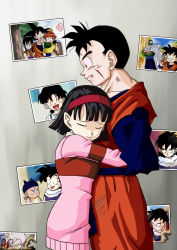 Rule 34 | 1boy, 1girl, amputee, bruise, bruise on face, chi-chi (dragon ball), dougi, dragon ball, dragon ball super, dragonball z, facial scar, hairband, height difference, highres, hug, injury, medium hair, official style, photo (object), piccolo, red hairband, scar, scar on cheek, scar on face, son gohan, son gohan (future), son goku, susumu (rei-h-0701), time paradox, toriyama akira (style), trunks (dragon ball), videl