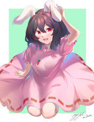 Rule 34 | 1girl, absurdres, animal ears, arm up, blush, breasts, brown hair, carrot necklace, commentary request, dress, floppy ears, frilled sleeves, frills, full body, green background, hair between eyes, highres, inaba tewi, jewelry, looking at viewer, medium hair, necklace, open mouth, pink dress, rabbit ears, rabbit girl, red eyes, ribbon-trimmed dress, seiza, signature, sitting, small breasts, smile, solo, touhou, two-tone background, wavy hair, white background, yujin (kanouyuuto-0423)