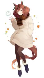 Rule 34 | 1girl, animal ears, blush, boots, brown eyes, brown hair, brown pantyhose, coat, ear covers, full body, fur-trimmed boots, fur trim, hand in pocket, highres, horse ears, horse girl, horse tail, long sleeves, looking at viewer, multicolored hair, nice nature (umamusume), open mouth, pantyhose, plaid, plaid scarf, scarf, shakemi (sake mgmgmg), simple background, solo, streaked hair, tail, twintails, umamusume, white coat