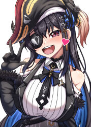 Rule 34 | 1girl, arrow through heart, asymmetrical horns, black dress, black gloves, black hair, black hat, black necktie, blue hair, blush, breasts, clothing cutout, collared shirt, colored inner hair, cosplay, demon horns, dress, eyepatch, gloves, hat, heart, highres, hololive, hololive english, horns, houshou marine, houshou marine (1st costume), houshou marine (cosplay), kina (akina736), large breasts, long hair, looking at viewer, multicolored hair, necktie, nerissa ravencroft, one eye closed, pirate hat, red eyes, shirt, shoulder cutout, smile, solo, v, virtual youtuber