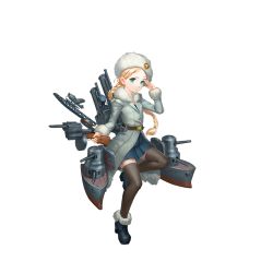 Rule 34 | 1girl, belt, black thighhighs, blonde hair, blue skirt, blush, braid, cannon, caoyao zi, closed mouth, coat, cyrillic, drum magazine, forehead, full body, fur trim, green eyes, grey coat, gun, hammer and sickle, hat, holding, holding gun, holding weapon, long hair, long sleeves, looking at viewer, machinery, magazine (weapon), murmansk (warship girls r), official art, pleated skirt, ppsh-41, russian clothes, russian text, salute, seaplane, searchlight, skirt, smokestack, solo, standing, standing on one leg, submachine gun, swept bangs, thighhighs, transparent background, trigger discipline, turret, warship girls r, weapon, white hat